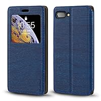 for BlackBerry Key 2 Case, Wood Grain Leather Case with Card Holder and Window, Magnetic Flip Cover for BlackBerry Key 2 (4.5”) Blue