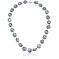 Sterling Silver 11-11.5mm Dyed-Black Baroque Freshwater Cultured Pearl Strand, 18