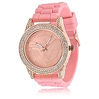 Accutime DC Comics Wonderwoman Adult Women's Analog Watch - Pink Silicone Strap, Dial Rose Gold Case with Stones, Glass Dial Face, Female, Analog Watch in Pink (Model: WOW9057AZ)