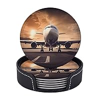 Drink Coasters Set of 6 Leather Coasters with Holder Airplane Round Coaster for Drinks Tabletop Protection Cup Mat Heat Resistant Coffee Cup Mat 4