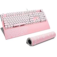 Pink Retro Typewriter Keyboard, Wired Mechanical Gaming Keyboard with Pure White Backlight, 104 Keys Retro Steampunk Vintage Keyboard with Blue Switches, Metal Panel Round Keycaps (Pink)
