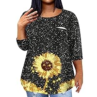 Women's Plus Size Blouses Plus Size Tops for Women Sunflower Print Casual Fashion Trendy Loose Fit with 3/4 Sleeve Round Neck Shirts Gold 4X-Large