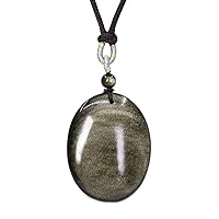 Semi Precious Stone 40mm Natural Obsidian Oval Shape Pendant Adjustable Braided Rope Necklace 20 Inch