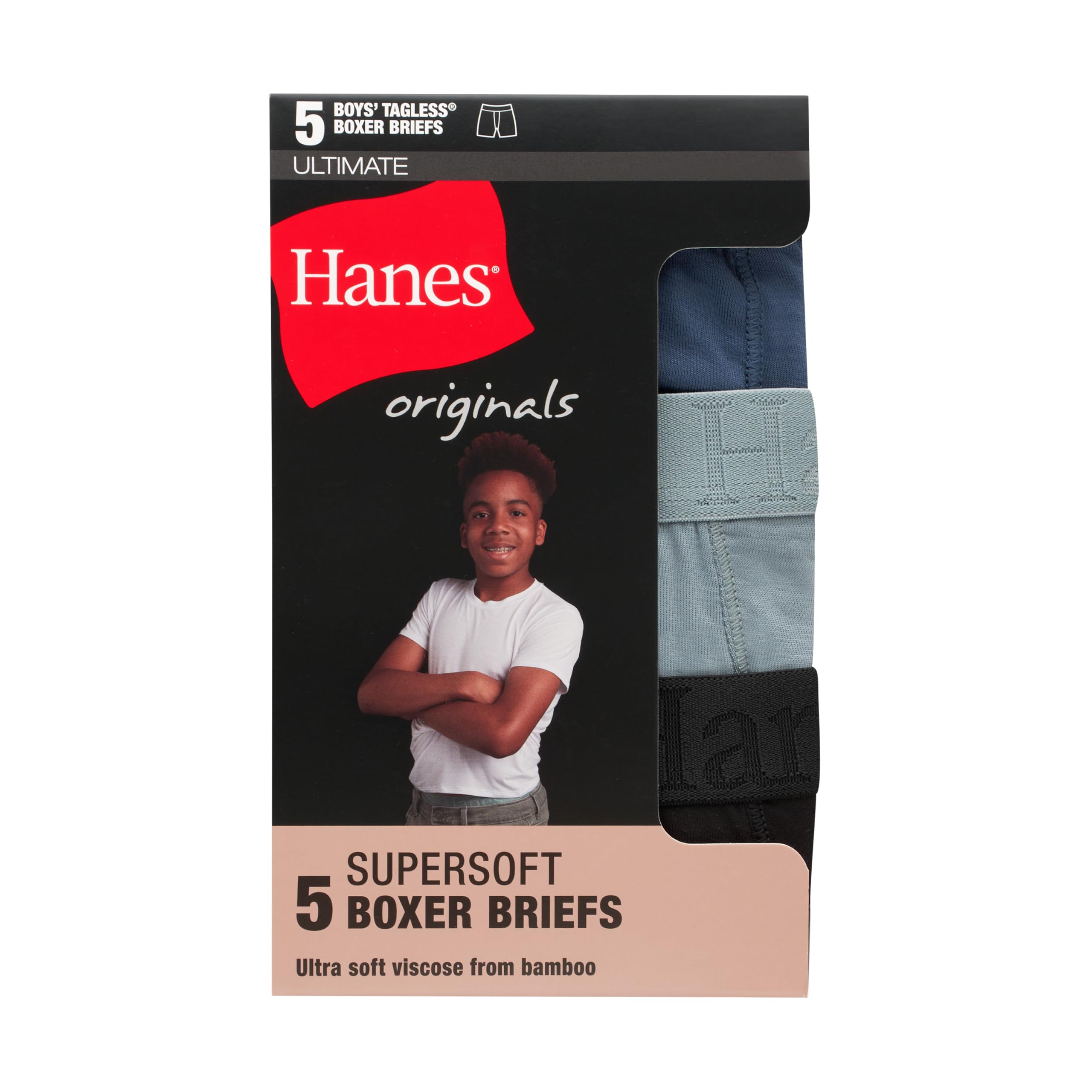 Hanes Boys' Big Originals Supersoft Boxer Briefs, Viscose from Bamboo Underwear, 5-Pack