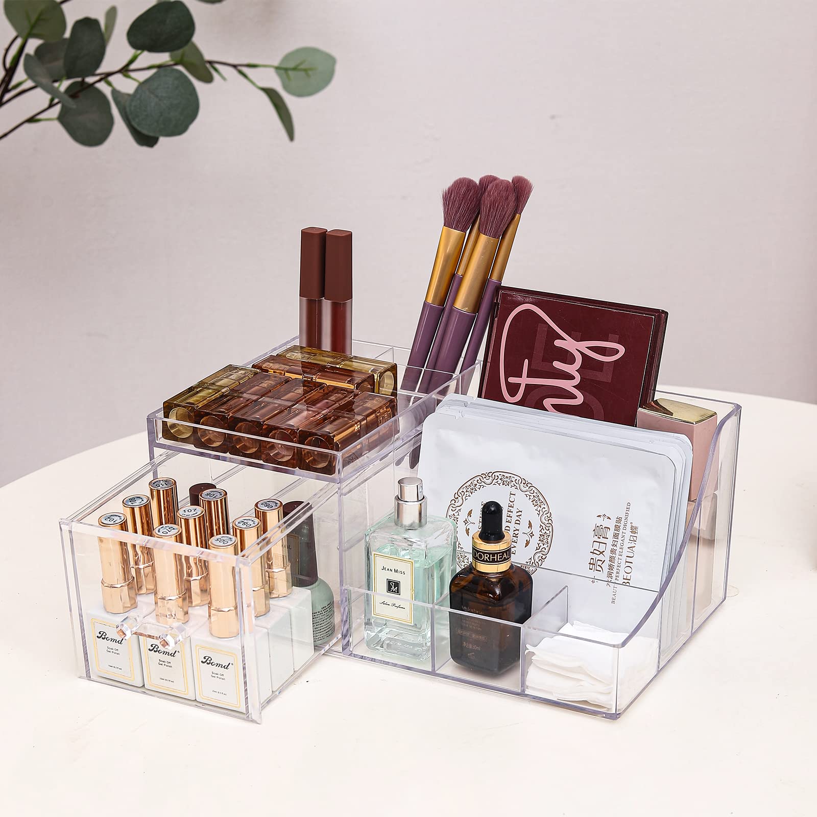 Clear Makeup Organizer With Drawers,Stackable Cosmetic Storage Display Case for Vanity,Bathroom Counter or Dresser,Countertop Holder for Lipstick,Brushes,Lotions,Eyeshadow,Nail Polish and Jewelry