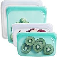 Reusable Silicone Storage Bag, Food Storage Container, Microwave and Dishwasher Safe, Leak-free, Bundle 4-Pack, Clear + Aqua
