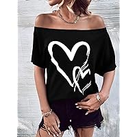 Women's T-Shirt Heart Print Button Detail Dolman Sleeve Tee T-Shirt (Color : Black, Size : Small)