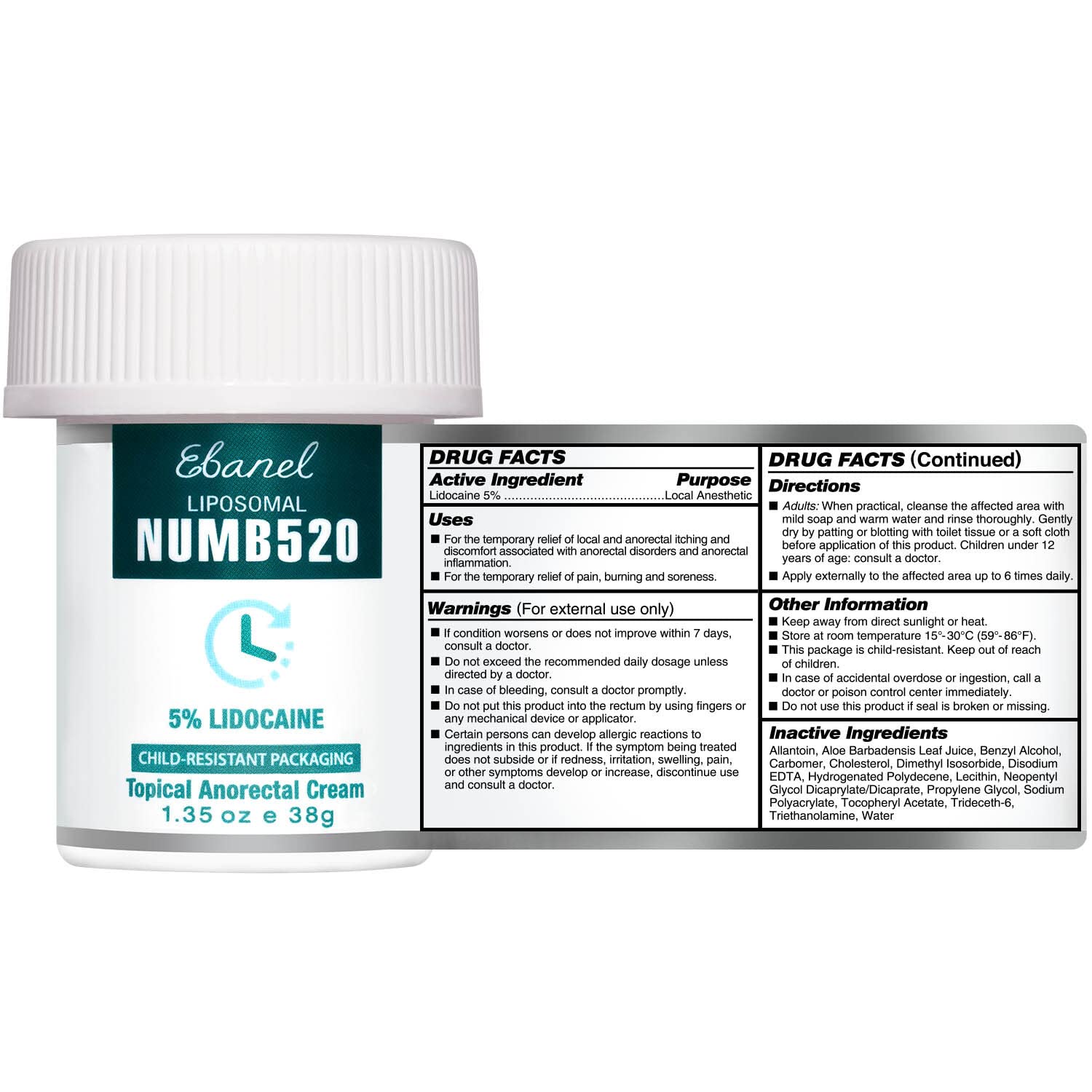 Ebanel 5% Lidocaine Numbing Cream Maximum Strength, Liposomal Numb520 Topical Anesthetic Pain Relief Cream 1.35Oz, Infused with Aloe Vera, Vitamin E for Local and Anorectal Uses, Hemorrhoid Treatment