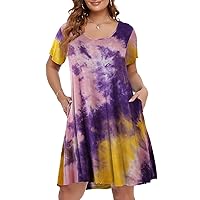 BELAROI Plus Size Dress for Women Summer T Shirt Dresses Flowy Short Sleeve Pockets Casual Swing Tunic Tie Dye(4X,T08-PinkYellow)
