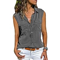 Andongnywell Solid Color Casual Lapel Sleeveless Shirt Pocket Shirt Women's wear Summer Buttons Cardigan Tops