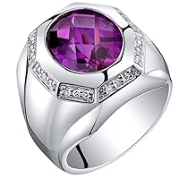 PEORA Men's Created Purple Sapphire Signet Ring 925 Sterling Silver, Large 5.50 Carats Oval Shape 12x10mm, Sizes 8 to 13