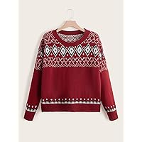 Casual Ladies Comfortable Plus Size Sweater Plus Geo Pattern Drop Shoulder Sweater Leisure Perfect Comfortable Eye-catching (Color : Burgundy, Size : X-Large)