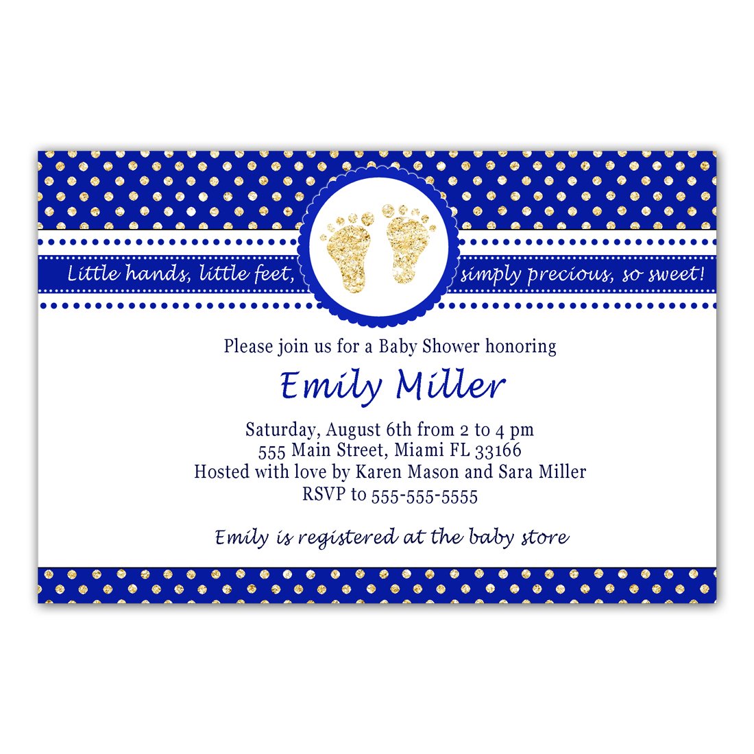 30 Invitations Boy Baby Shower Royal Blue Gold Footprints Personalized Photo Paper