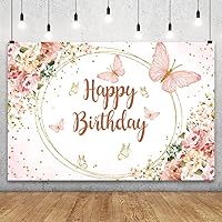 YongFoto Happy Birthday Backdrop 7x5ft Gold Pink Floral Butterfly Sweet Girl Princess Photography Background Cake Table Party Banner Decorations Photoshoot Wallpaper Photo Studio Booth Props