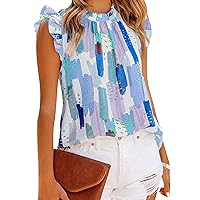 GRASWE Summer Ruffle High Neck and Ruffle Sleeveless Tops Flowy Pleated Color Print Tank Tops for Women Loose Fit