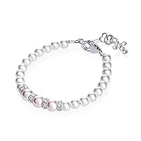 Communion Sterling Silver Cross Charm with Pink and White European Simulated Pearls Luxury Baby Girl Bracelet (BCRWP)