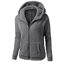 Fleece Jacket Women Winter Plus Size Zip Up Fuzzy Hoodies Solid Color Casual Hooded Sherpa Coat Outwear with Pockets