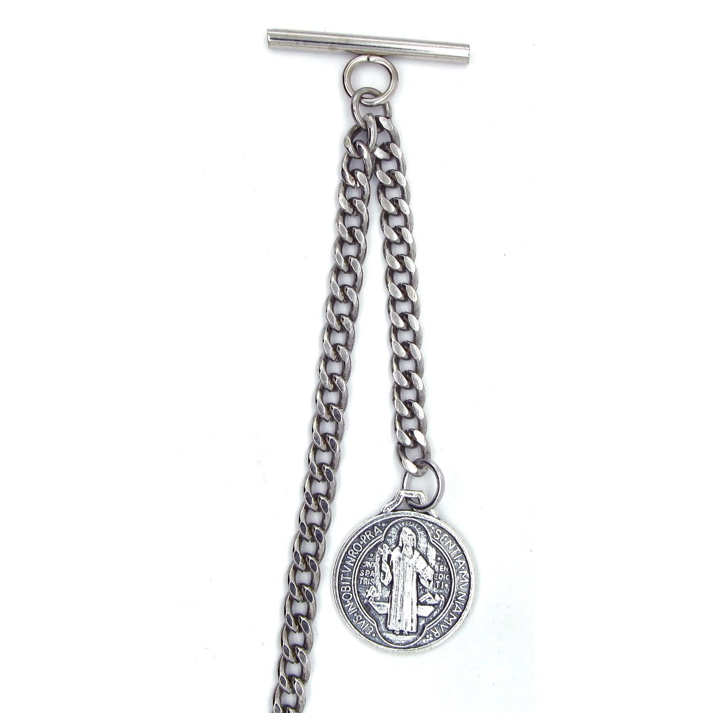 Albert Chain Silver Color Pocket Watch Chains for Men with St. Benedict Medal Fob T Bar AC43