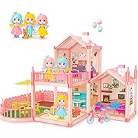 deAO Dollhouse Pretend Play,2-Story 3 Rooms Dollhouse 7-8,Dollhouse Furniture and Accessories,DIY Building Plastic Dollhouse for 3+ Year Old Girl Gifts