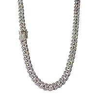 Mens Womens 14k White Gold Finish 10mm Miami Cuban Link Chain Choker Iced Out Necklace Iced Prong Set Cuban Chain for Men, Miami Cuban Link Chain Choker Necklace, Cuban Choker,10mm Cuban Chain