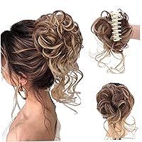 Curly Bun Hair Piece, Synthetic Fiber Messy Bun Hair Clip, Natural Messy Bun Hair Piece Claw Clip Thick Updo Ponytail Hair Extensions Mixed Brown Curly Bun Hair Piece