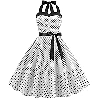 Vintage Women 1950s Rockabilly Swing Dress Pinup 50s Retro Hepburn Style Halterneck A-Line Dresses