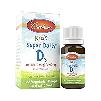 Carlson - Kid's Super Daily D3, Kids Vitamin D Drops, 400 IU (10 mcg) per Drop, Heart & Immune Health, Vegetarian, Liquid Vitamin D Drops, Unflavored, 365 Drops