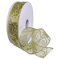 Morex Ribbon Wired Swirl Ribbon, 1.5 inches by 50 Yards, Moss/Gold, 7416.40/50-621