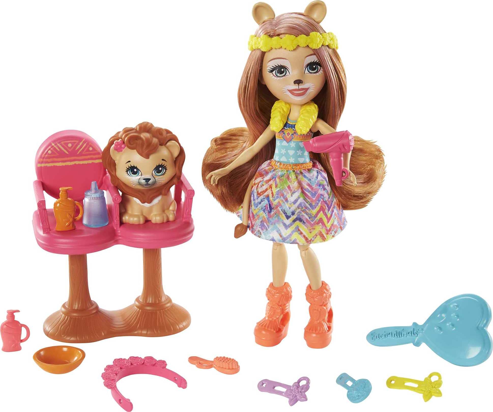 Enchantimals Stylin’ Salon Playset Lacey Lion (6-in) & Manesy with 13 Accessories, Sunny Savanna Collection, Just Add Water for Color-Change Hairstyle Fun, Great Gift for 3 to 8 Year Old Kids
