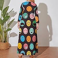 Emoticons Face Background Women Plus Size Maxi Dress Long Sleeve Casual Printed