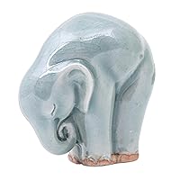 NOVICA Artisan Handmade Celadon Ceramic Figurine Elephant Yoga Themed from Thailand Green Sculpture 'Elephant Forward Bend'