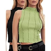 Micoson Women's Turtleneck Tank Top Stretch Ribbed Knit Tee Sleeveless Summer Blouses 2024 Trendy