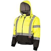 High Vis Safety Bomber Jacket For Men – Waterproof Reflective Rain Gear – Class 3 – Detachable Hood – Yellow/Black