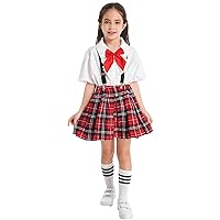 Kids Girl Dress Overall Skirt Short Sleeve Ruffle T-Shirts Romper Outfits Clothes + Plaid Suspender A-line Skirt Set