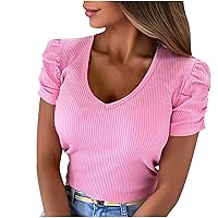 Women's Elegant Short Puff Sleeve Rib Knit Crop Tops Casual Dressy V-Neck Basic Slim Fit T-Shirt Going Out Blouses