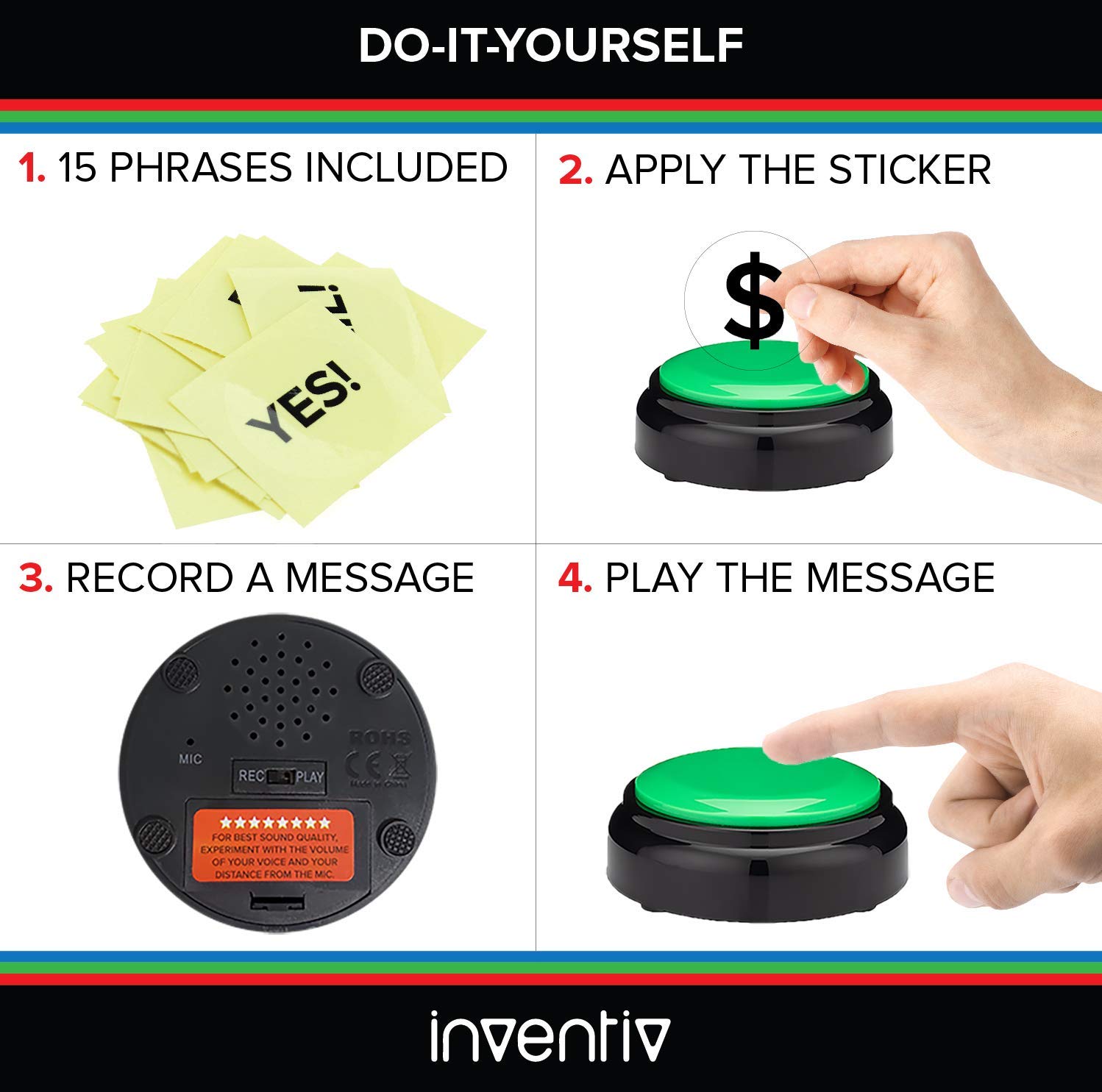 Inventiv 30 Second Custom Recordable Talking Button, Record & Playback Your Own Message, Quality Voice Sound Recorder - 15 Phrase Stickers Included (Green)
