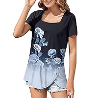 Floral Tops for Women 2024 Bohemian Casual Side Slit Pretty Loose Fit with Short Sleeve Square Neck Blouses