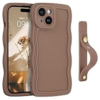 GUAGUA for iPhone 15 Case with Wrist Strap, iPhone 15 Wavy Phone Case,Cute Curly Wave Shape with Adjustable Wristband Kickstand Shockproof Protective Phone Case for iPhone 15 6.1 Inch, Brown