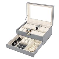 LIANTRAL Watch Box, 2-Tier 12 Slot Watch Case Organizer with Jewelry Display Tray for Men (gray)