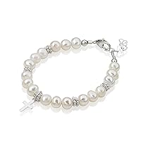 Christening White Cultured Fresh Water Pearls with Sterling Silver Cross Luxury Keepsake Unisex Baby Bracelet (BFWCD)