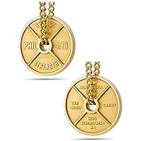 Shields of Strength Men's Stainless Steel or Gold Plated Weight Plate Necklace Philippians 4:13 Bible Verse Fitness Gym Jewelry Weightlifters Dumbbell