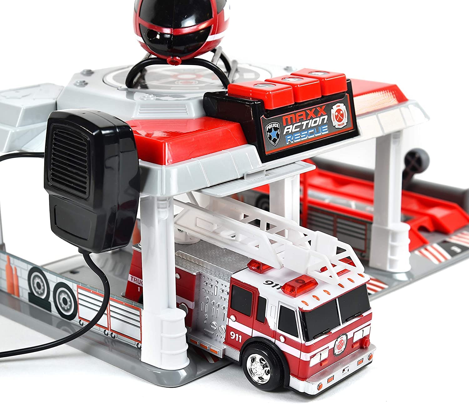 Fire and Rescue Garage Lights and Sounds Toy Set for Kids | Working Intercom with Open and Close Parking Garage and Vehicle Lift | Playset Includes Helicopter and Fire Truck with Friction Motor
