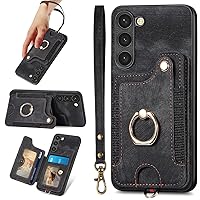 S23 Case,Card Holder Wallet for Samsung Galaxy S23 Case,Ring Holder Stand,RFID-Blocking,Wrist Strap,Camera Protector,Leather Protective Magnetic Flip Cover for Galaxy S23 Case 2023 (Black)