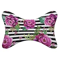 Pink Flowers - Black and White Stripes Car Headrest Pillow 2pcs Memory Foam Neck Pillow Neck Support Pillow for Camping and Traveling