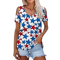 Cold Shoulder Shirts for Women, Women's Summer Fashion Casual Printed V Neck Short Sleeve T-Shirt Top, S, 3XL