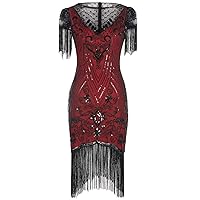 FAIRY COUPLE Women's 1920s Lace Neck Great Gatsby Dress Sequin Art Deco Flapper Dress with Sleeve D20S028