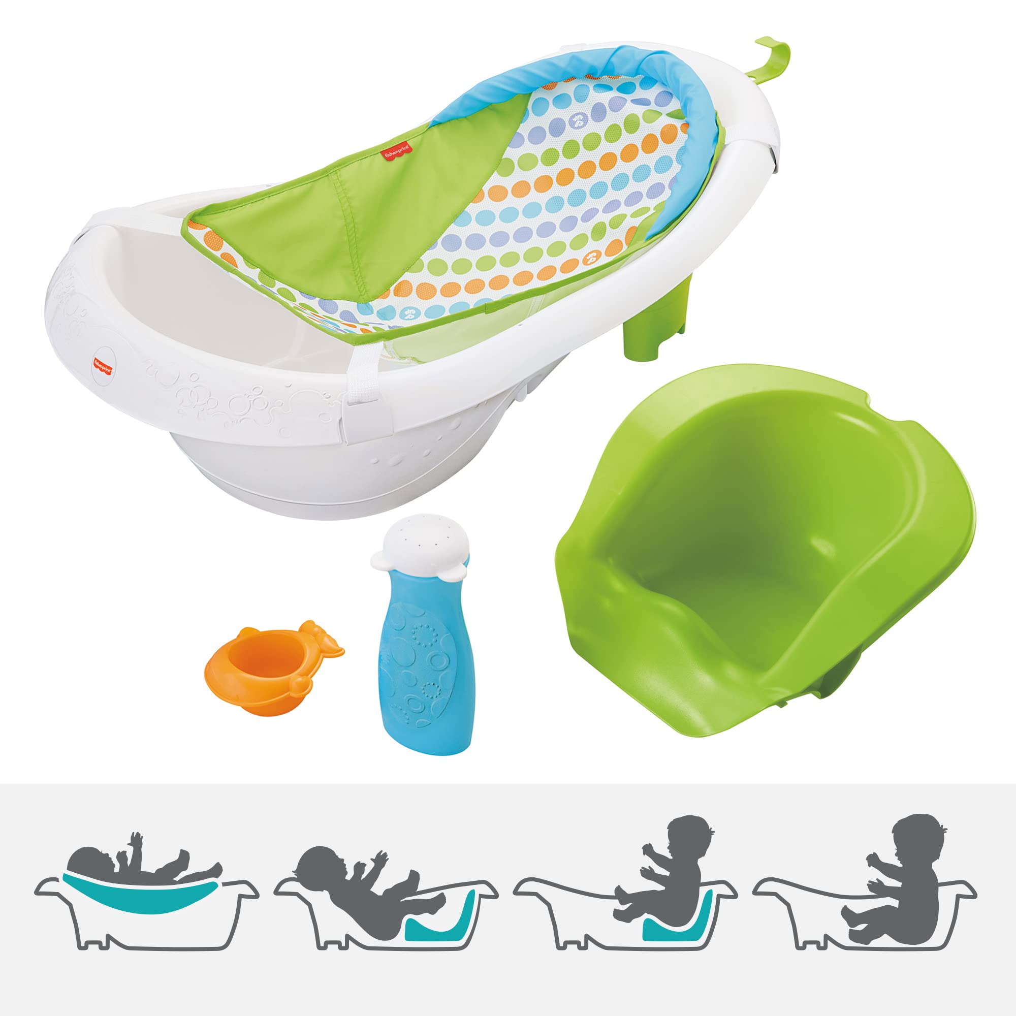 Fisher-Price 4-in-1 Sling 'n Seat Tub, Green, Convertible Baby to Toddler Bath Tub with Seat and Toys