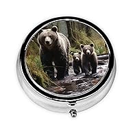 Pill Box 3 Compartment Medicine Pill Organizer Mother Bear and her Cubs Round Pill Case for Purse & Pocket Travel Pillbox Portable Metal Medicine Vitamin Fish Oil Organizer Unique Gift