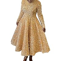 Women's Stylish Elegant Sparkling Sequin Dress High-Waisted Midi Dress Solid Color Round Neck Long Sleeve Dress