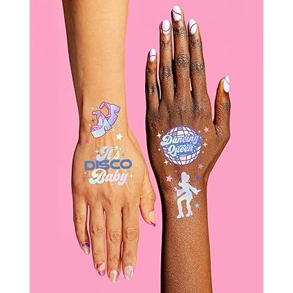 xo, Fetti Disco Birthday Party Temporary Tattoos - 48 Iridescent Foil Pcs | Birthday Girl Party Decorations, Dancing Queen, 70s Groovy Party